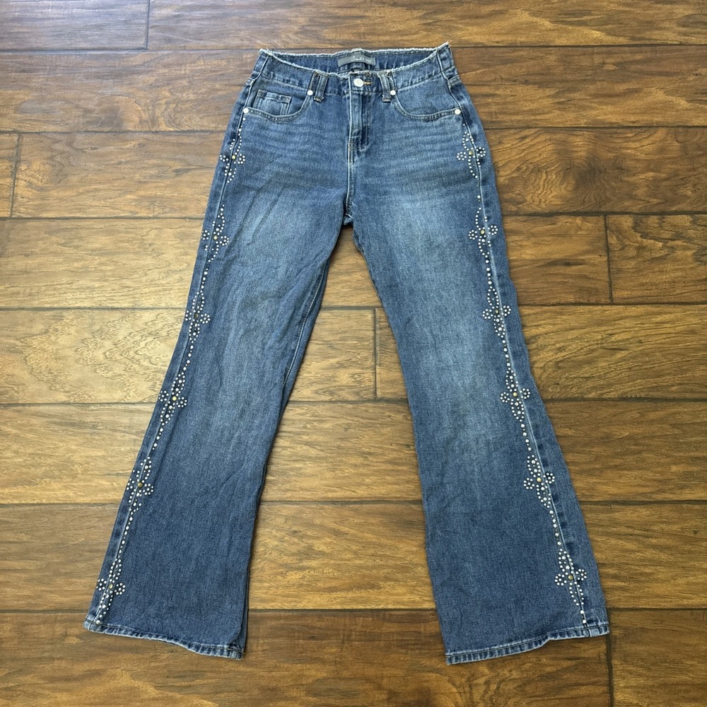 Cali 1850 Jeans Womens Teens 5/27 Blue Studded Wide Leg High Rise Denim